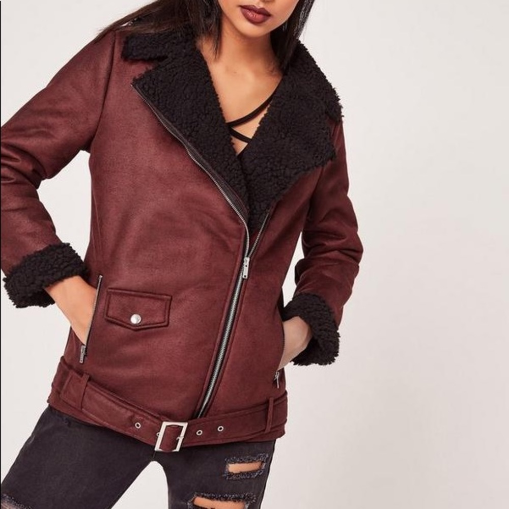 MISSGUIDED faux suede shearling burgundy and black biker Moto aviator jacket